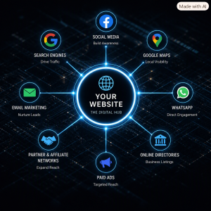 A website-central hub and spoke model of the digital marketing fundamental concept