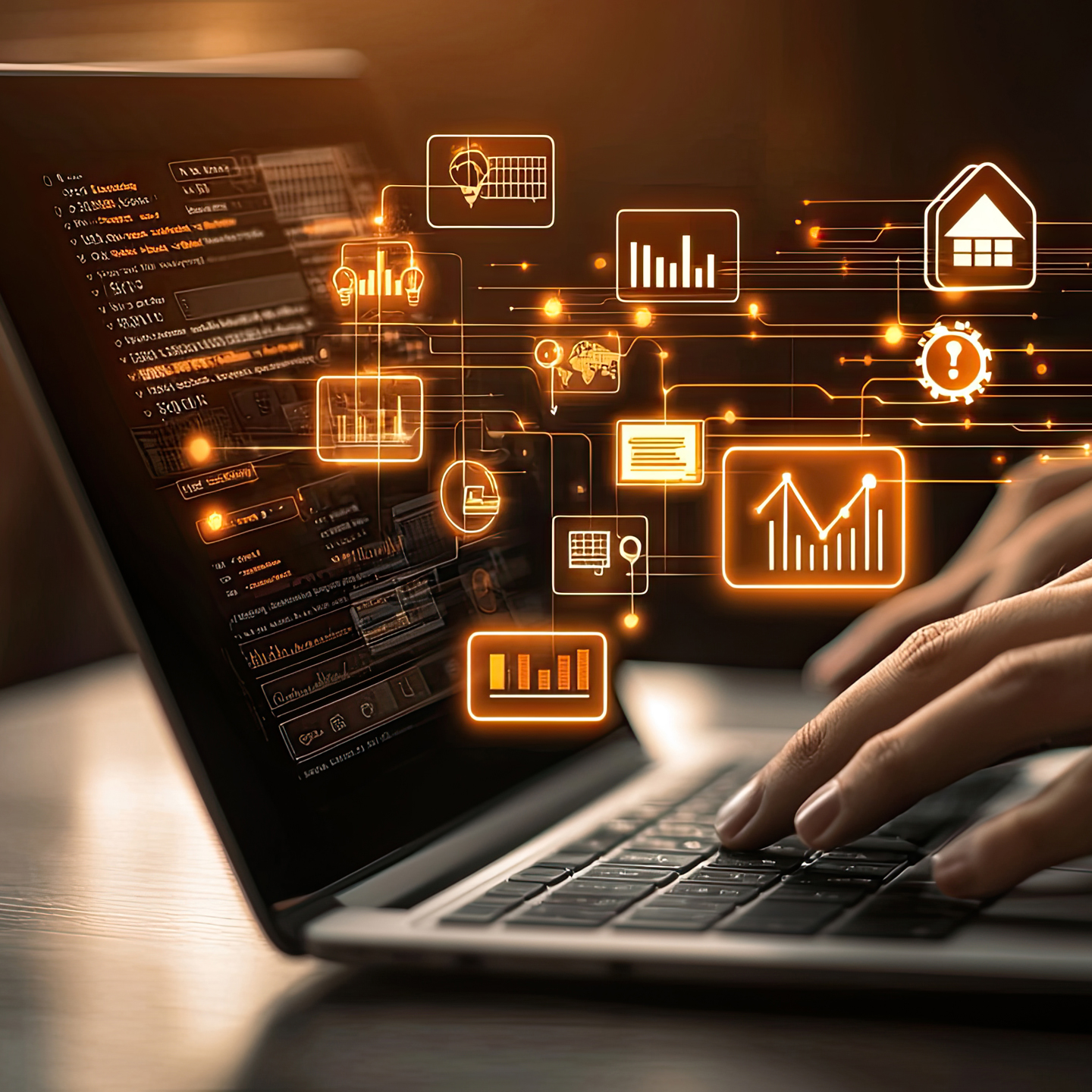 An abstract image of digital marketing icons in front of a laptop computer
